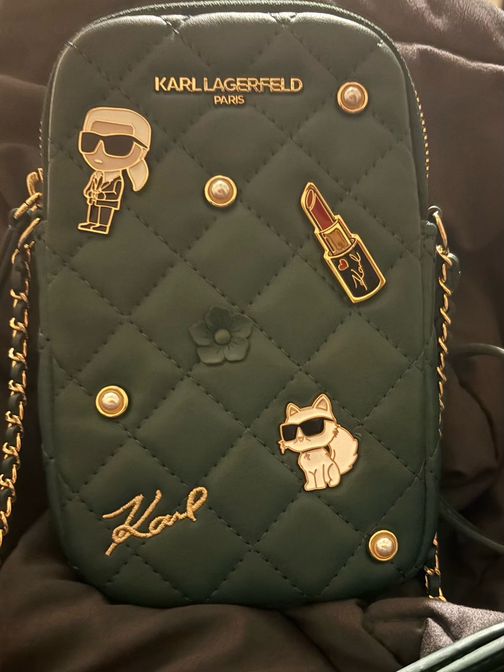 Karl Lagerfeld Quilted Dark Green Crossbody with Enamel Pins